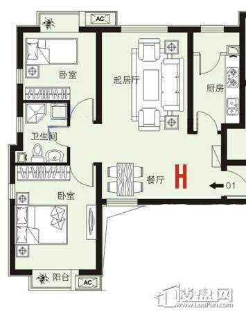 3、4、7号楼标准层H户型2室2厅1卫
