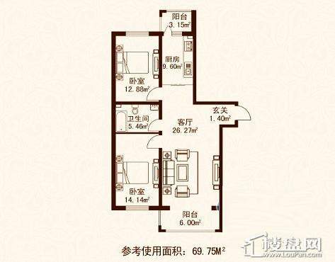 江城之珠08户型图2室1厅1卫1厨