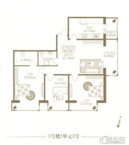 松花江尚1号楼2单元3号户型图3室1厅2卫1厨 