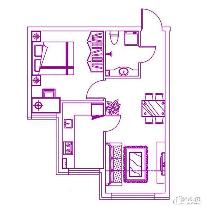 观筑 锦绣华城户型图H-e户型图1室1厅1卫1厨 