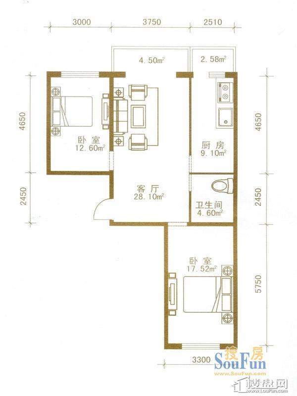 盛世华庭户型图一期超高层5-32层04户型2室1厅1卫1厨 