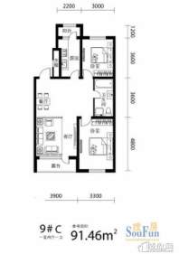 韩建大成府9号楼C户型1室2厅1卫1厨 