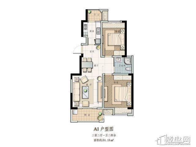 A1户型2室2厅1卫1厨 94.18㎡