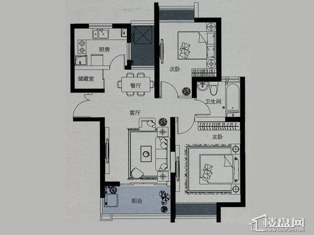 蓝庭国际二期5-C户型2室2厅1卫 90.00㎡