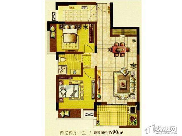 明发国际新城7080特区户型图2室2厅1卫1厨 90.00㎡