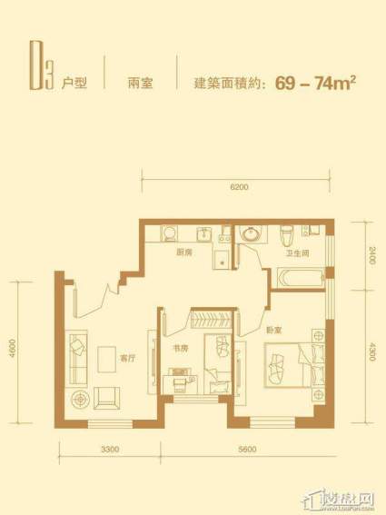 一期高层标准层D3户型2室1厅1卫1厨 