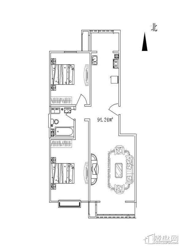 洋房标准层94.24平米户型2室2厅1卫1厨