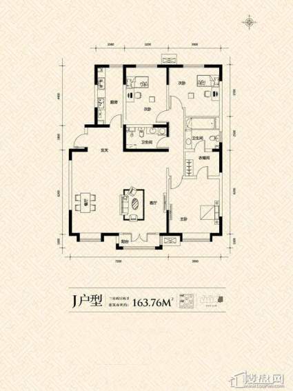 3期14号楼标准层J户型3室2厅2卫1厨 