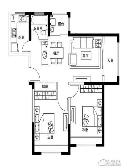 高层标准层A2-1户型2室2厅1卫1厨 