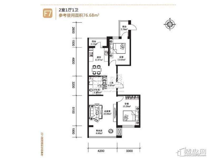 悦山国际样板房F7户型 2室1厅1卫1厨 