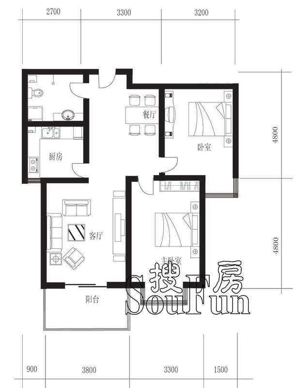 新橙空间b2户型两室两厅两卫103.