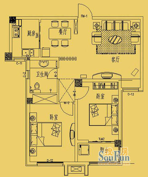 东营市三和馨苑户型86两室两厅一