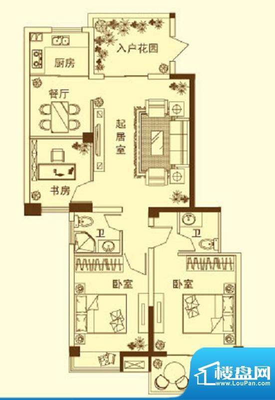 玉融瀚景园B户型 3室面积:113.68平米