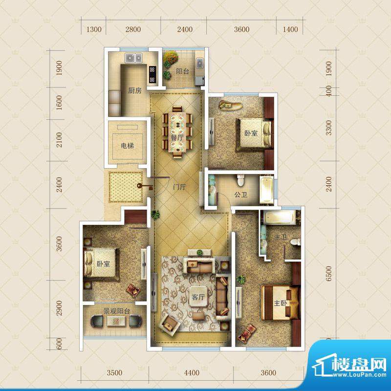 九英里颢苑4#楼F户型面积:155.00平米