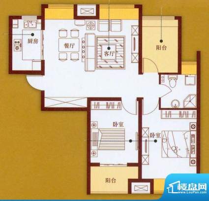 龙商天骄H户型 2室2面积:93.20平米