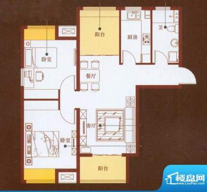 龙商天骄F户型 2室2面积:91.30平米