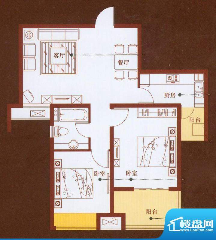 龙商天骄E户型 2室2面积:88.00平米