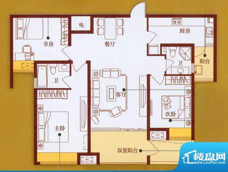 龙商天骄C户型 3室2面积:119.60平米