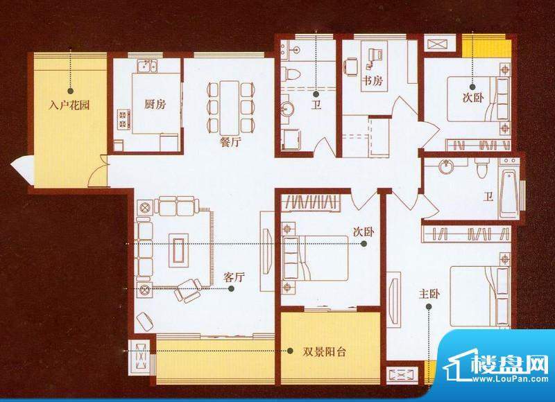 龙商天骄A户型 4室2面积:185.00平米