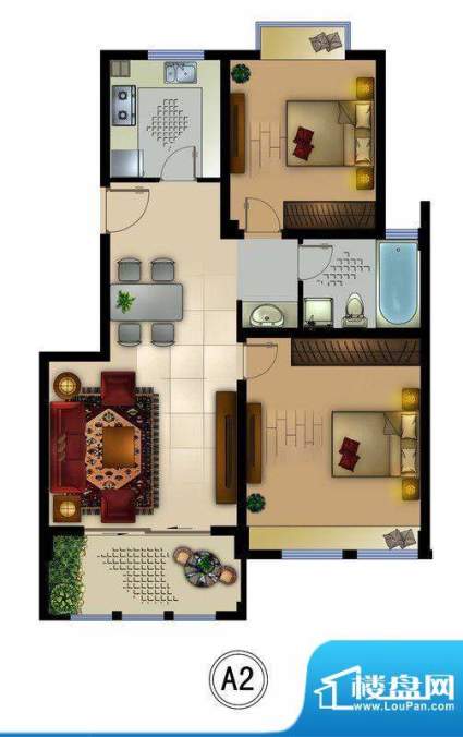 正德君城A2户型 2室面积:87.50平米
