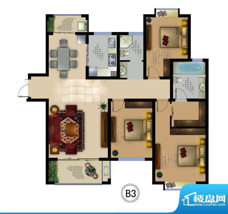 正德君城B3户型 3室面积:127.60平米