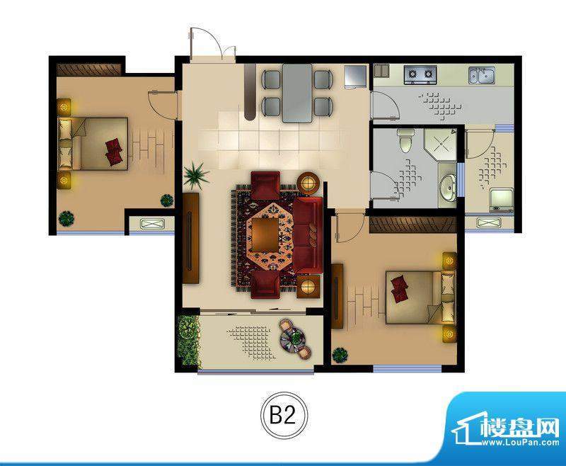正德君城B2户型 2室面积:87.00平米