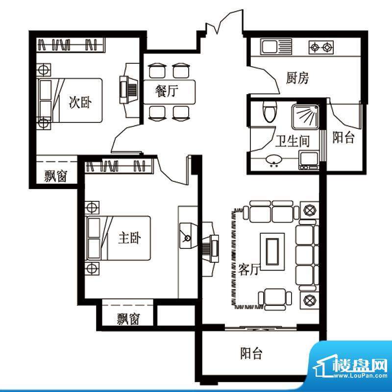 御景龙湾C户型 2室2面积:85.00平米