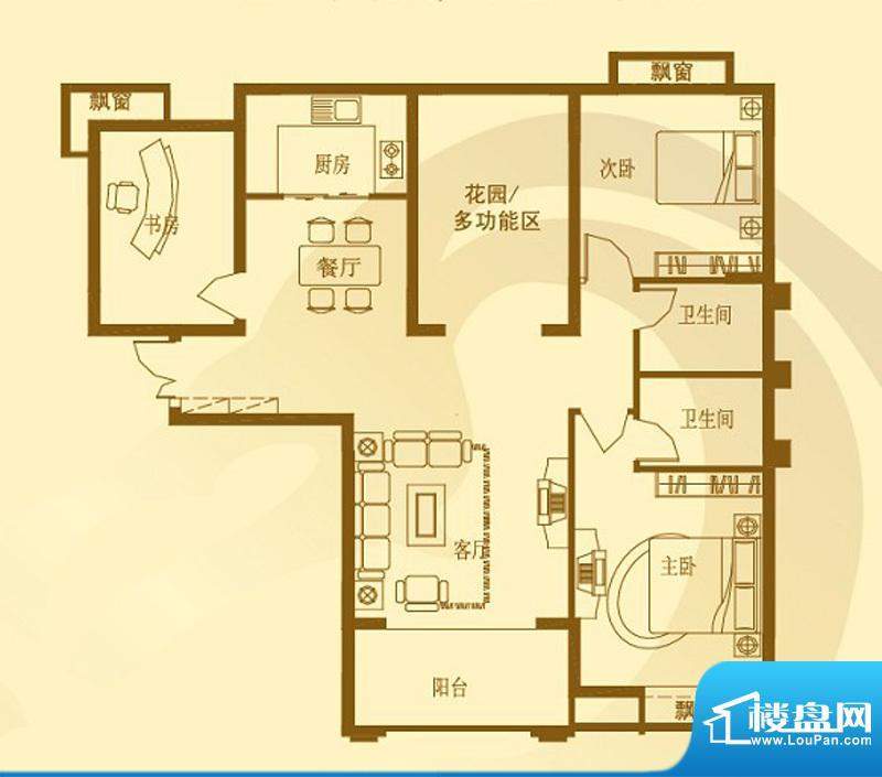 御景龙湾M户型 3室2面积:126.00平米