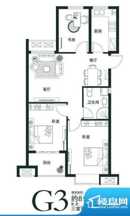 山语世家G3户型 3室面积:89.00平米