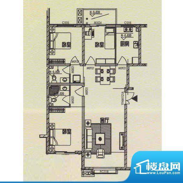 长城公寓长城户型图面积:128.00m平米