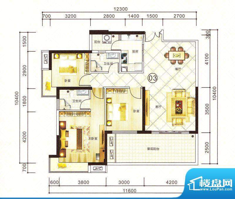 紫园15栋03户型 3室面积:128.39m平米