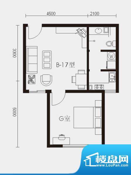 领尚国际公寓B17户型面积:42.48m平米