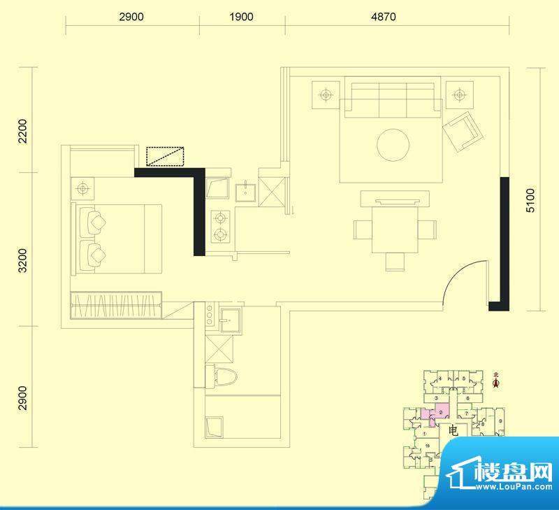 达兴豪苑1座2号 1室面积:58.44m平米
