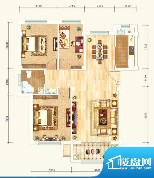 美茵湖城E户型 3室2面积:100.67m平米