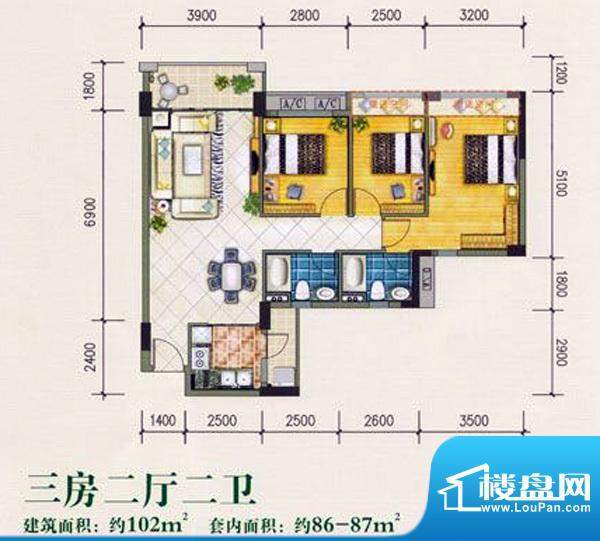 康桥活力城1栋08户型面积:102.00m平米