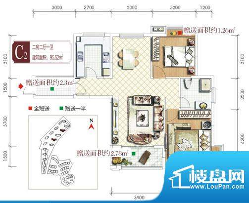 宏峰上上城C2户型 2面积:95.52m平米