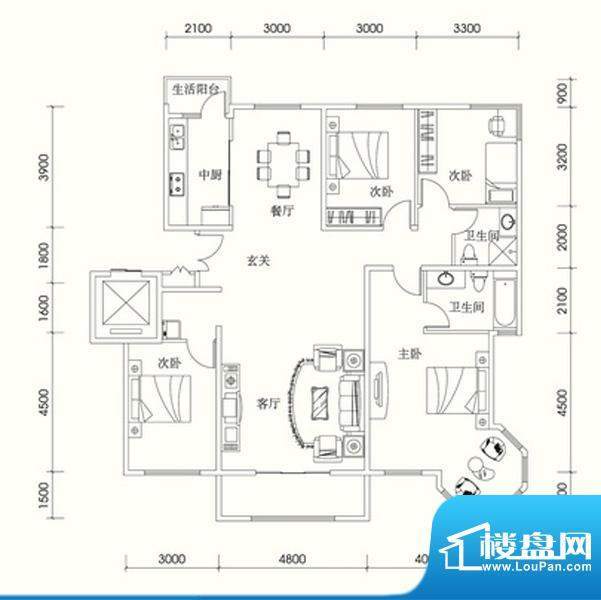 泰和地中海F户型图 面积:163.90m平米