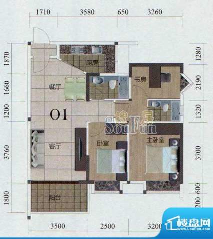 金茂华庭01户型 3室面积:96.00m平米