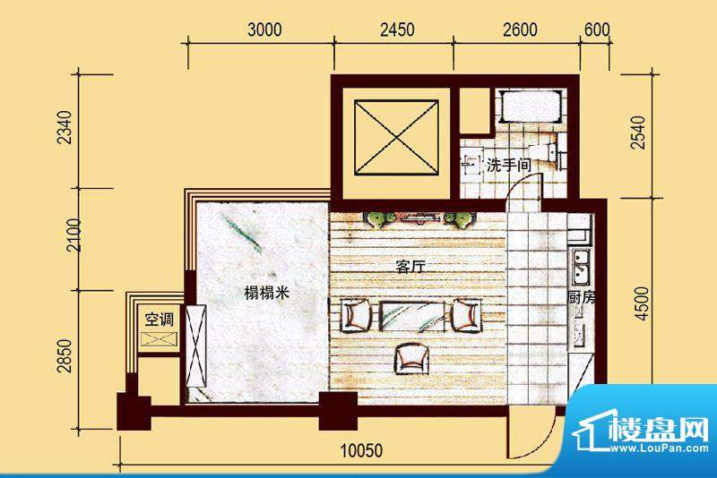 上海城酒店公寓A户型面积:52.00m平米