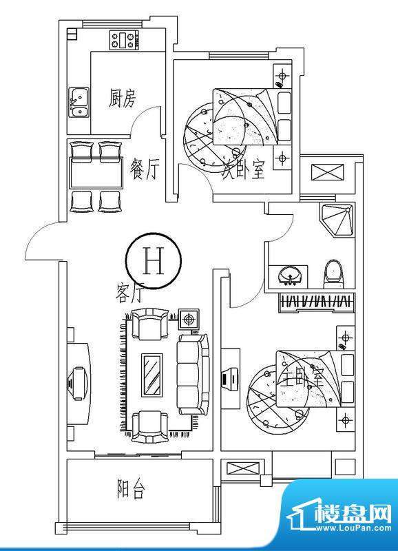 西城晶华H户型两室两面积:89.00平米