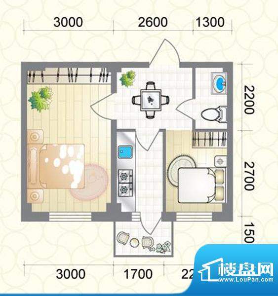 蔚蓝国际E户型图 2室面积:51.77平米