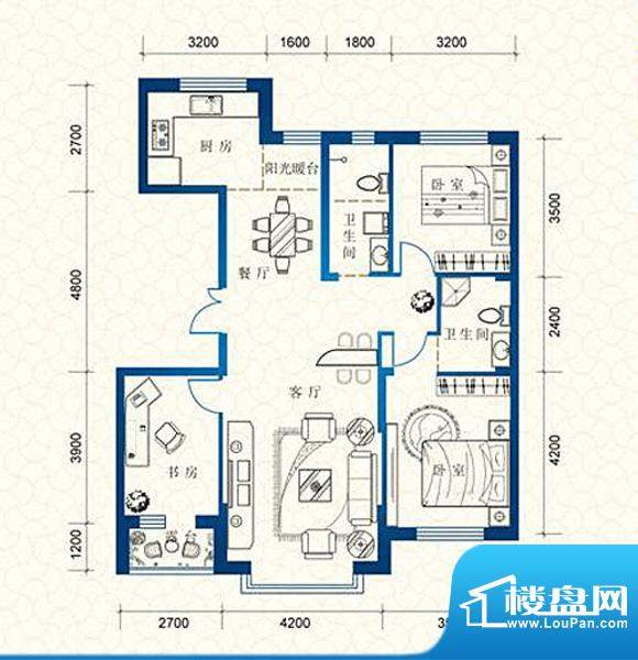 蔚蓝国际B户型 3室2面积:126.55平米
