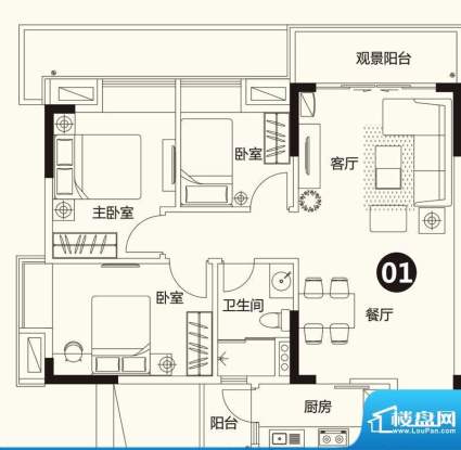 季华金品1座01户型 面积:90.00平米