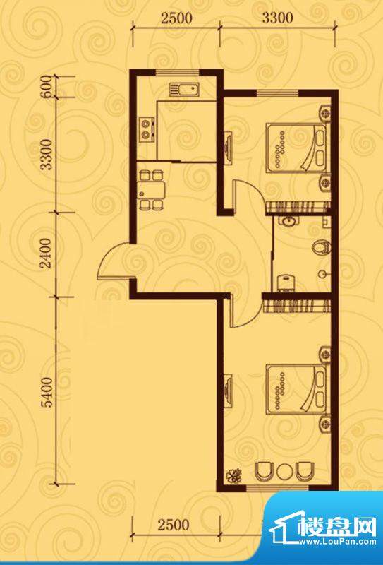 凤凰雅居C户型图 2室面积:64.60平米