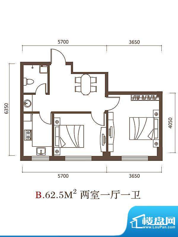 东城宜家B户型图 2室面积:62.50平米