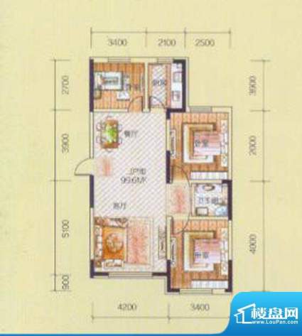 紫金豪庭C户型图 3室面积:99.60平米