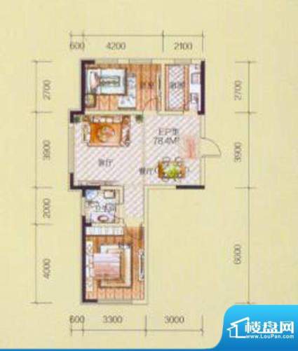 紫金豪庭D户型图 2室面积:78.40平米