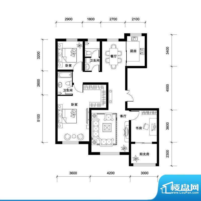 汉森香榭里高层D户型面积:138.00平米