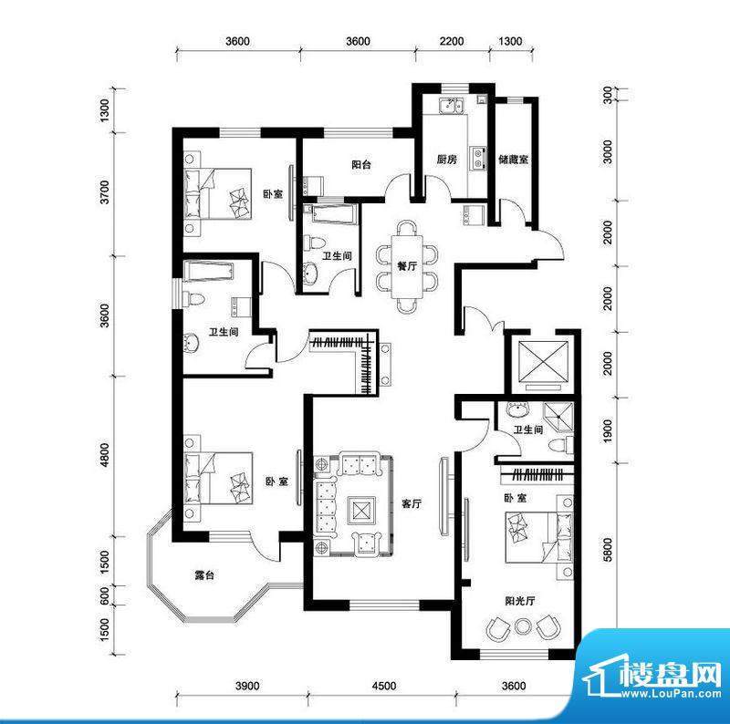 汉森香榭里洋房O户型面积:189.00平米