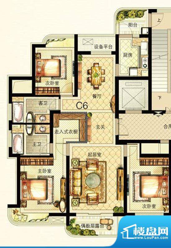 米兰公寓C6户型 3室面积:144.00m平米